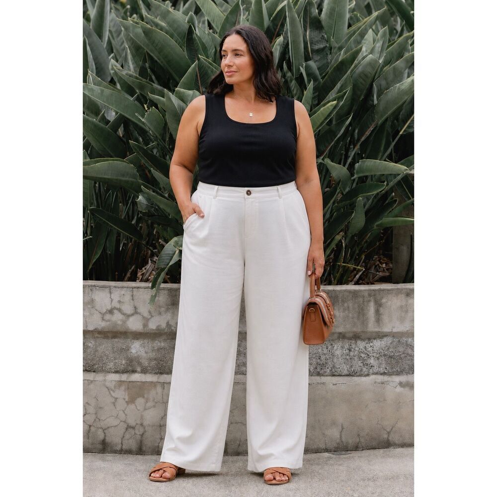 MAYE Estella Ivory Linen Blend Wide Leg Pants | 2XL Coastal Quiet Luxury $168 E9